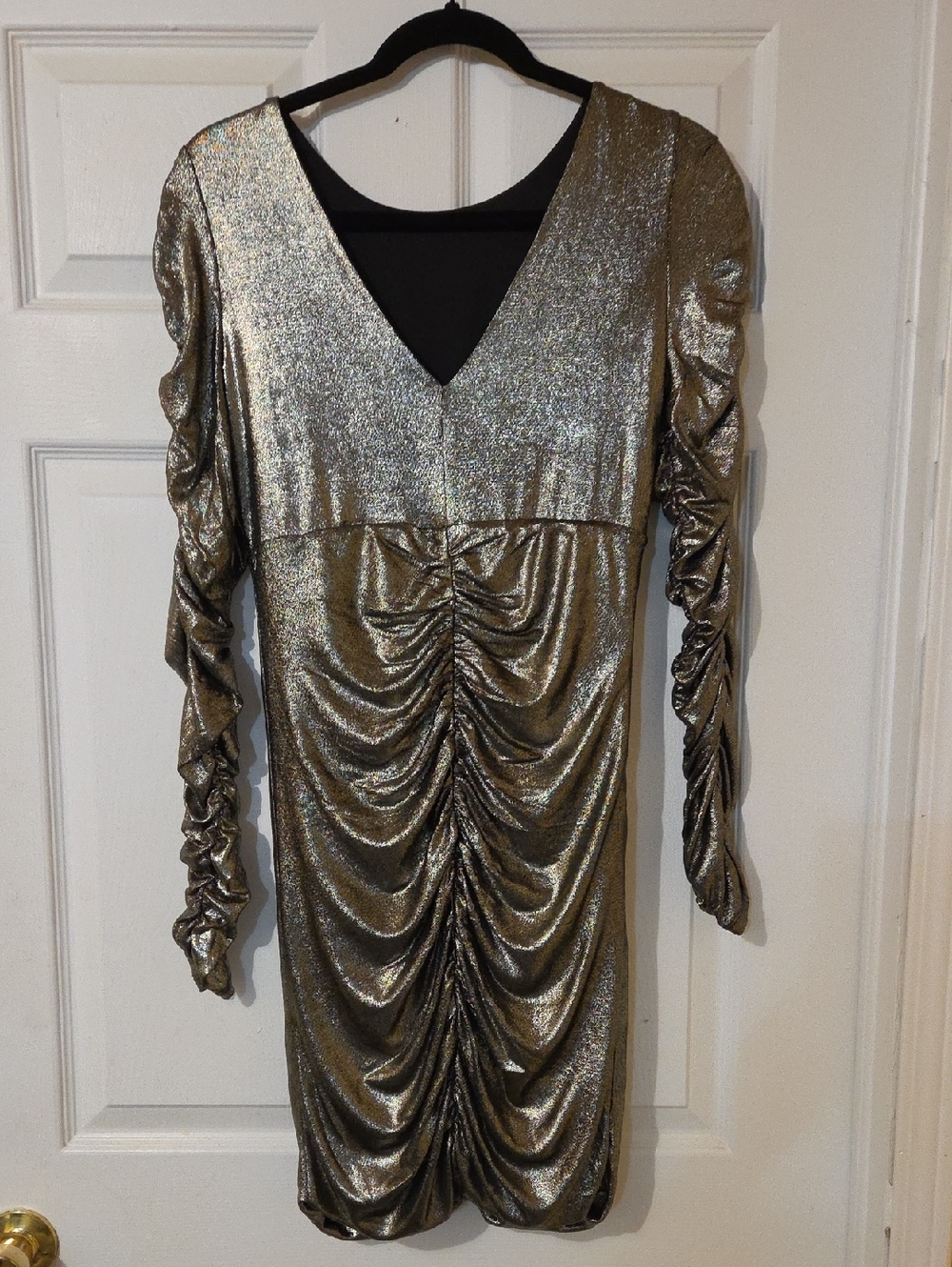 GUESS Metallic Gold Ruched Long-Sleeve V-Neck Dress